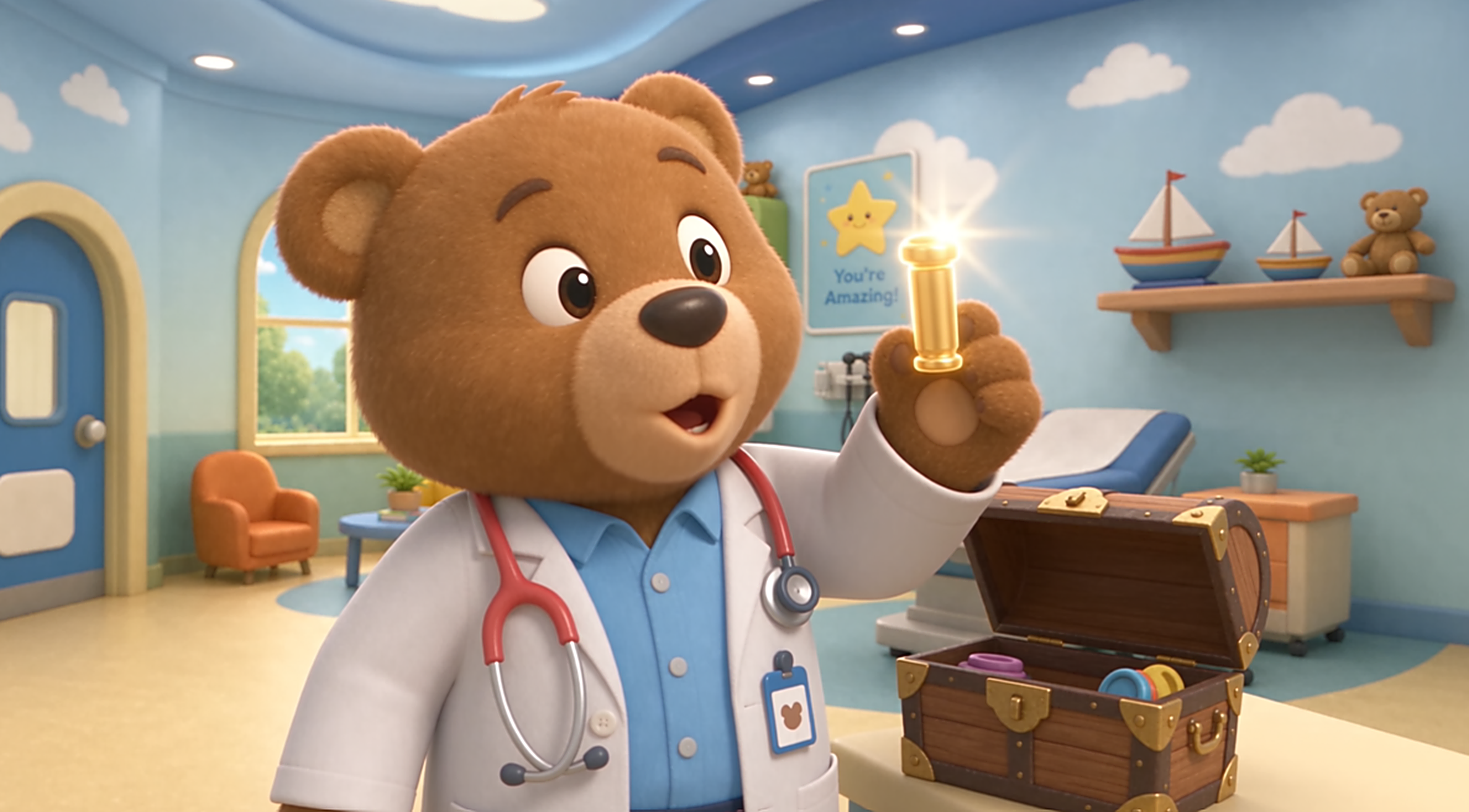 PEERkids bear holding up a sticker reward