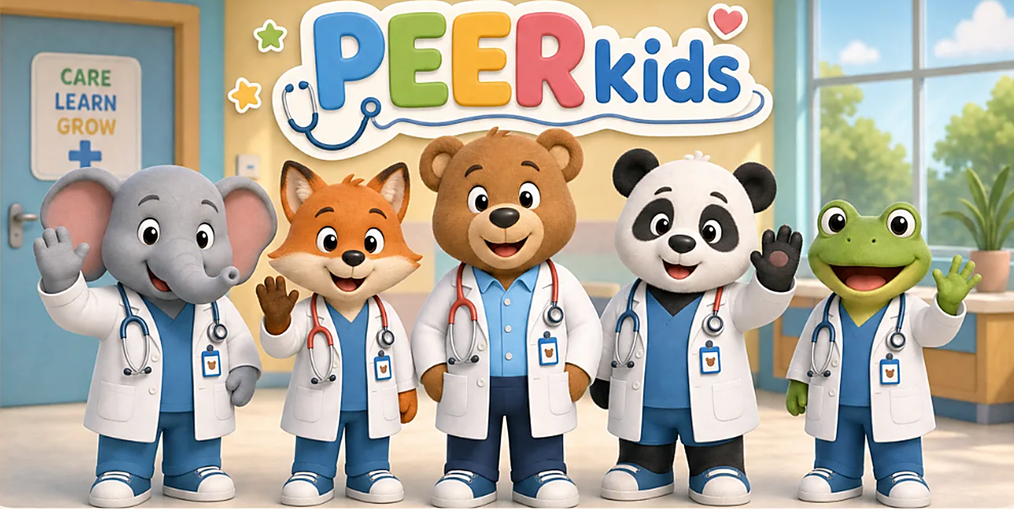 The PEERkids characters: an elephant, fox, bear, panda and frog dressed as clinicians